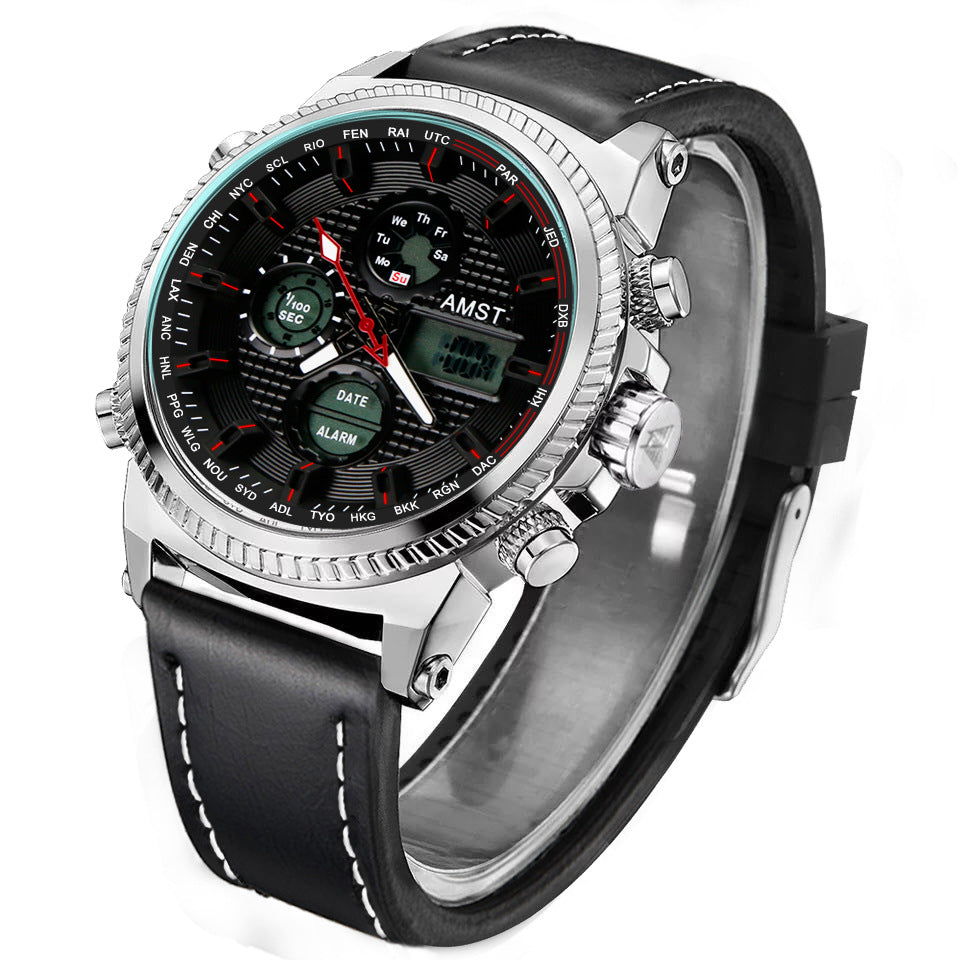 GESMART Men's Multifunction Sports LED Dual Display Digital Watch Water Resistant Genuine Leather Band