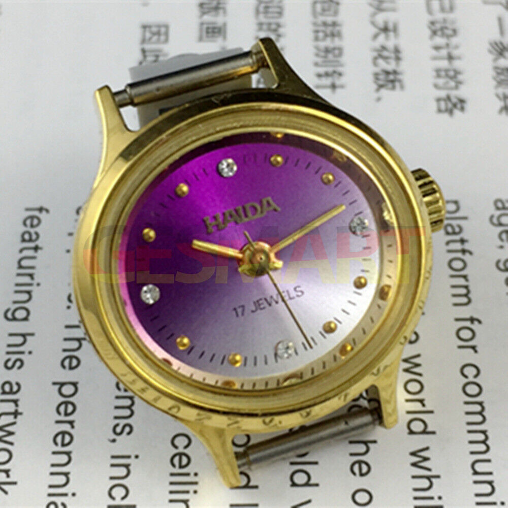 HAIDA 25mm manual mechanical lady watch with golden nail markers and gradient purple dial, 17 jewels movement.