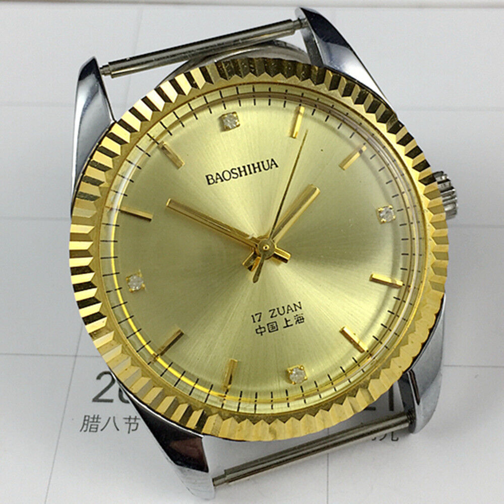 Shanghai 37mm manual mechanical watch with golden nail markers and round golden case design
