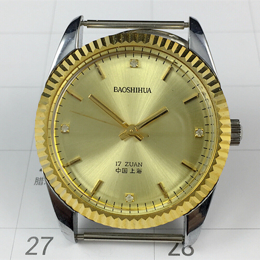 Shanghai 37mm manual mechanical watch with golden nail markers and round golden case design