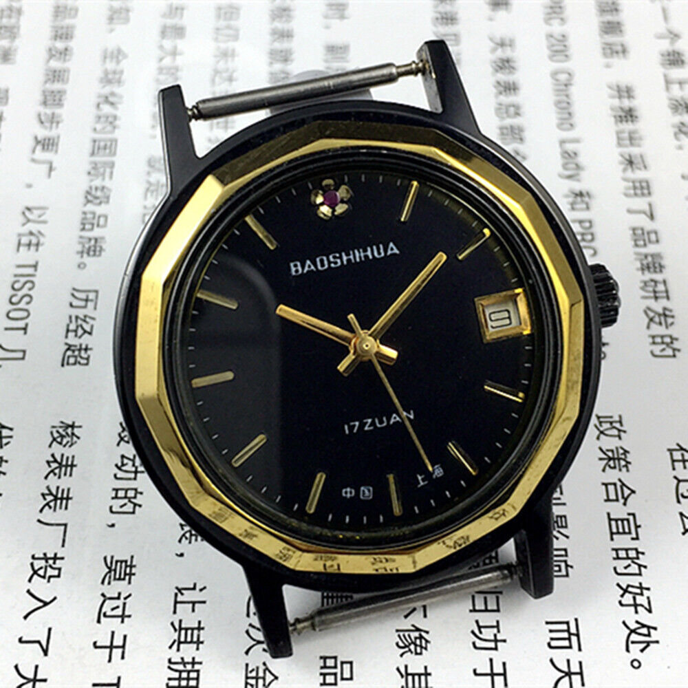 37mm Shanghai manual mechanical watch with single calendar, black dodecagonal case and classic leather strap.