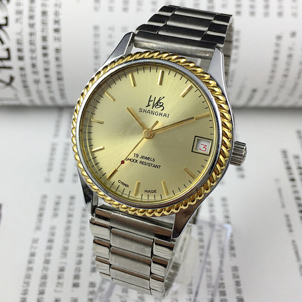 Shanghai Factory 36.5mm manual mechanical watch with 19 jewels, shock-resistant design for durability.