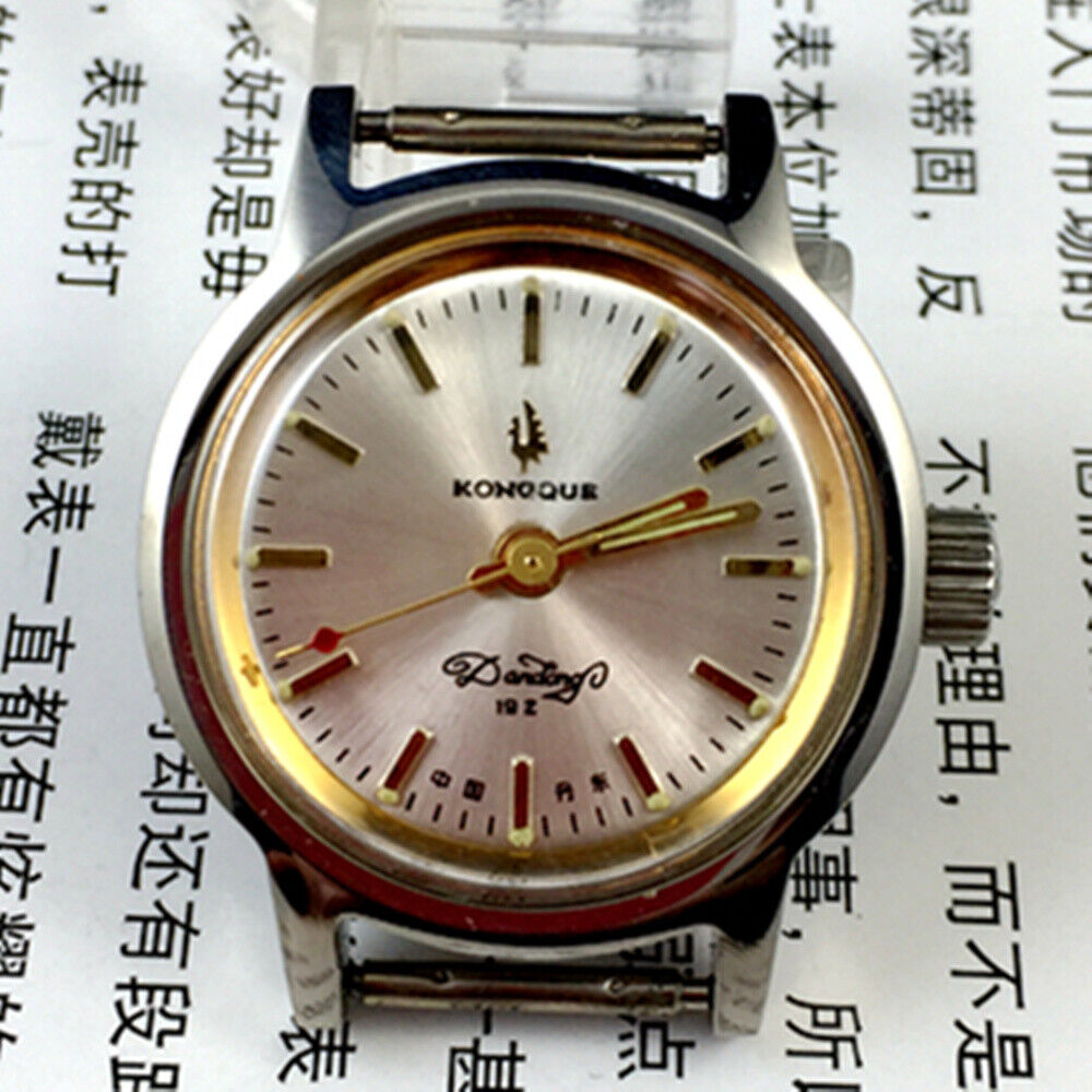 26mm Kongque Lady Watch with silver dial, 19 jewels, manual mechanical movement, and steel band.