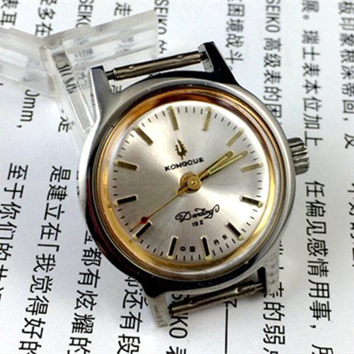 26mm Kongque Lady Watch with silver dial, 19 jewels, manual mechanical movement, and steel band.