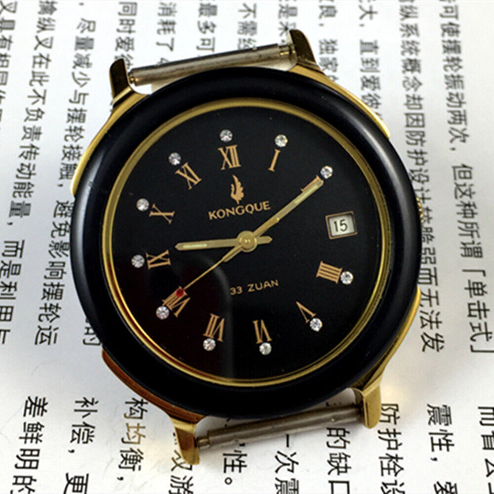 37mm automatic mechanical watch with 33 jewels, black dial and golden Roman numerals.
