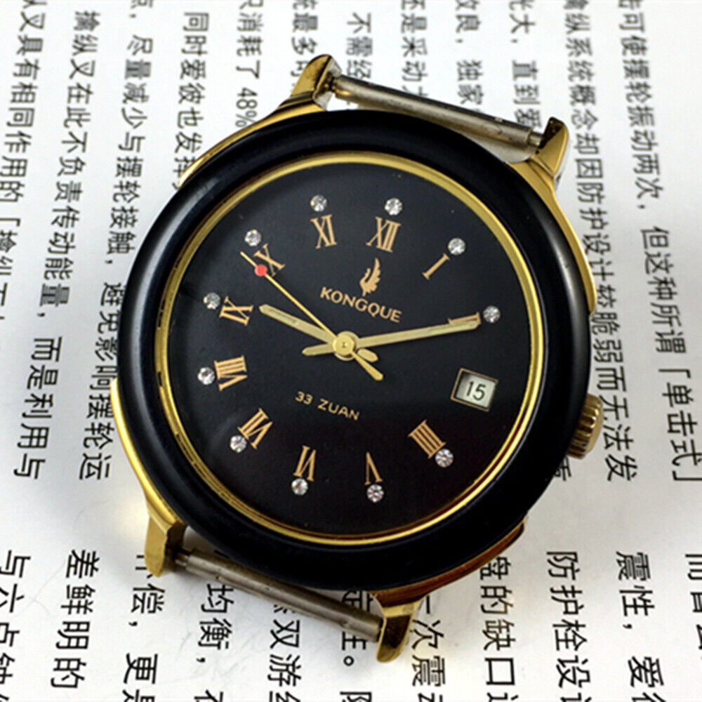 37mm automatic watch with black dial, golden Roman numerals, 33-jewel movement.