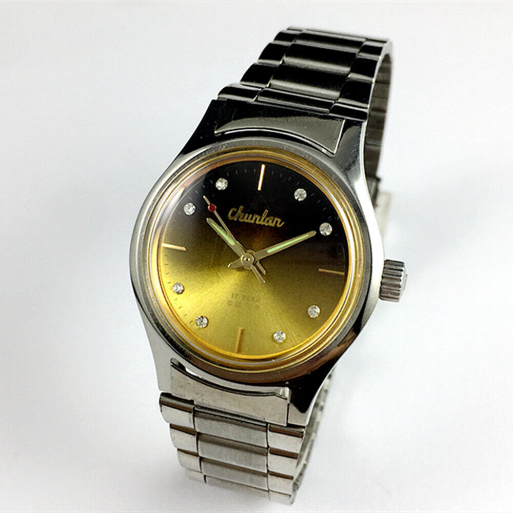 China Chunlan Steel mechanical watch with 17 jewels, golden brown gradient dial, and elegant classic design for timeless style.