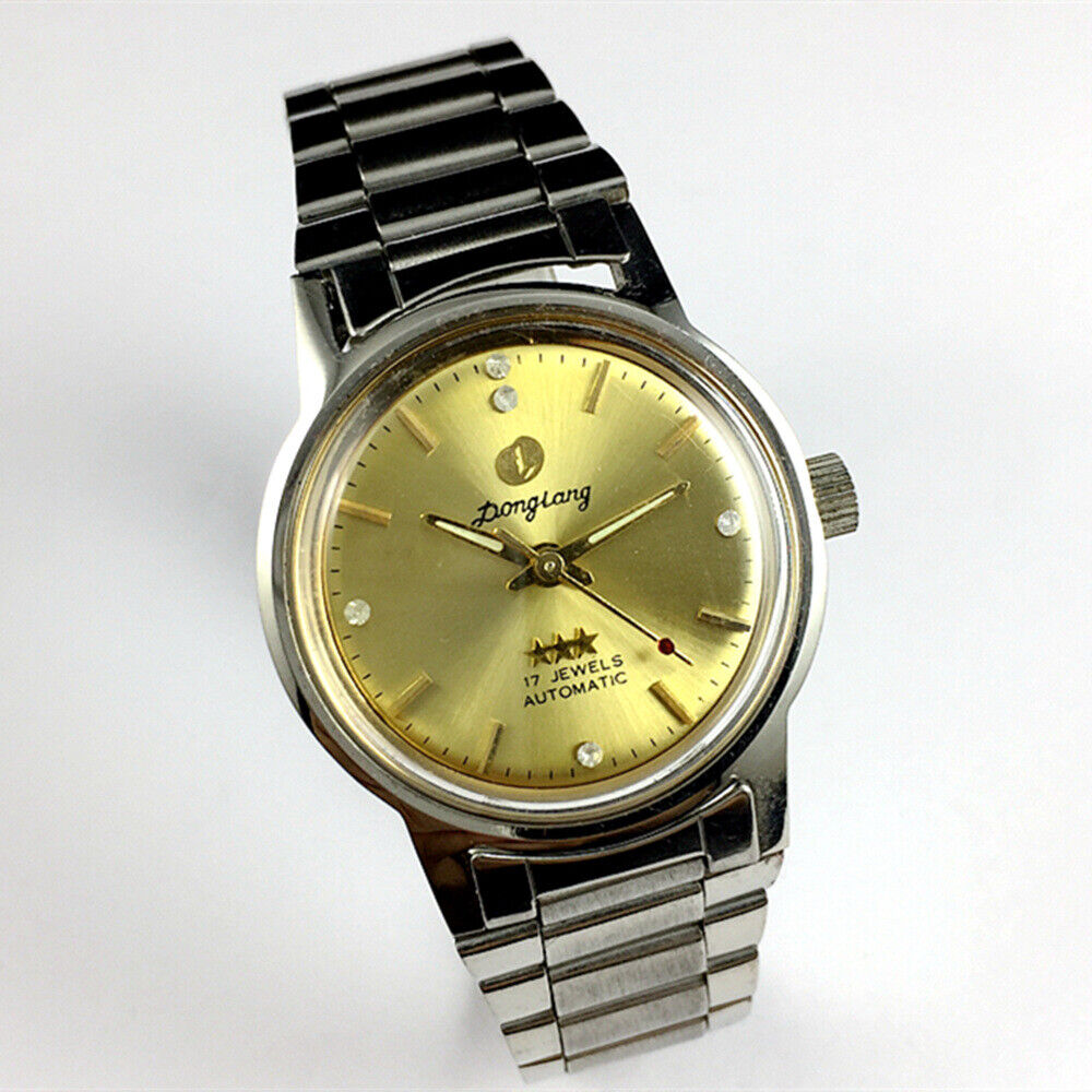 Donglang Steel automatic watch with 17 jewels, golden dial, and stainless steel band for elegant wear.