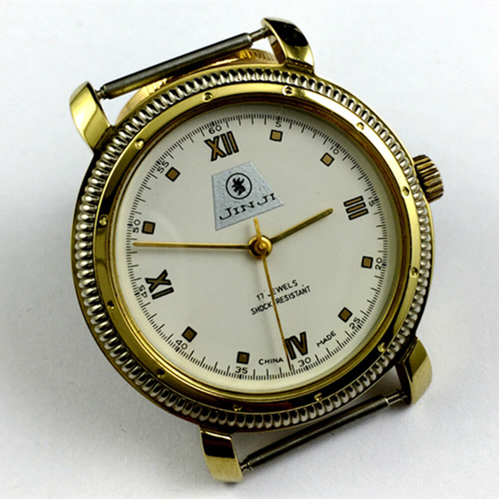 SHANGHAI JINJI manual mechanical watch with 17 jewels, Roman numeral dial, and shock-resistant design.