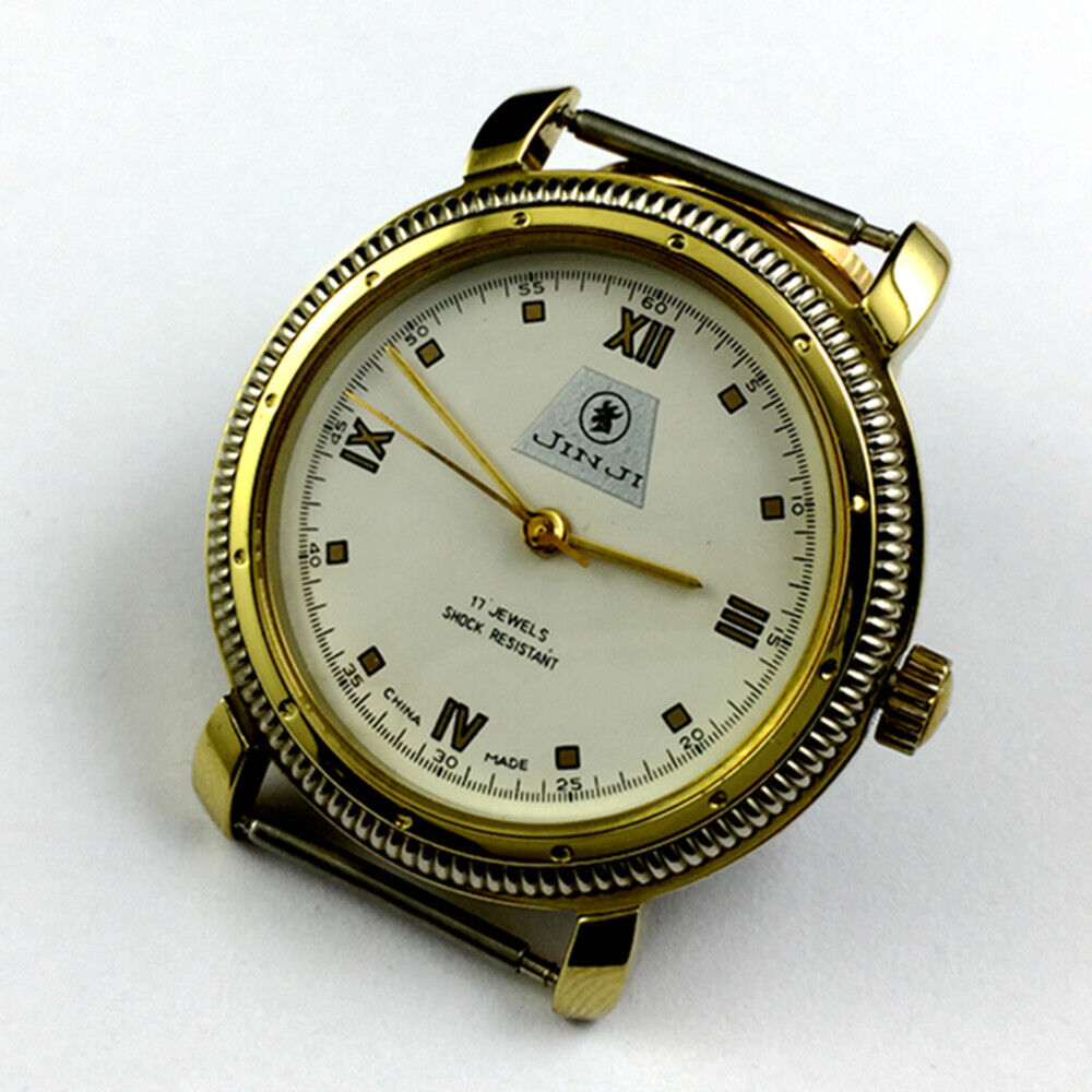 SHANGHAI JINJI manual mechanical watch with 17 jewels, Roman numeral dial, and shock-resistant casing.