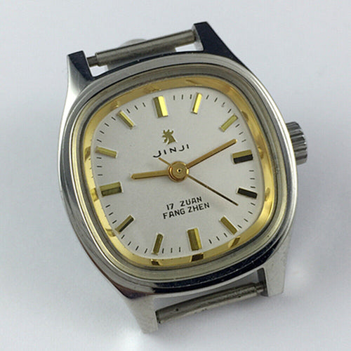 Elegant 24mm SHANGHAI JINJI lady watch with gold square case, manual mechanical movement, and 17 jewel design.