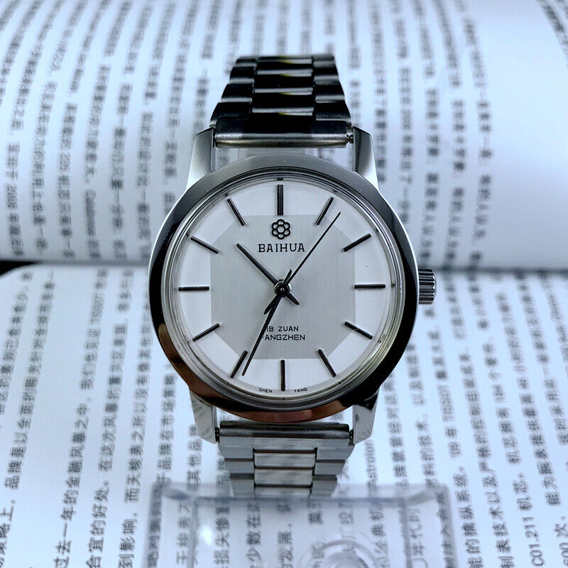 China Baihua 37mm manual mechanical watch with silver dial, 19 jewels, shock-resistant for long-lasting performance