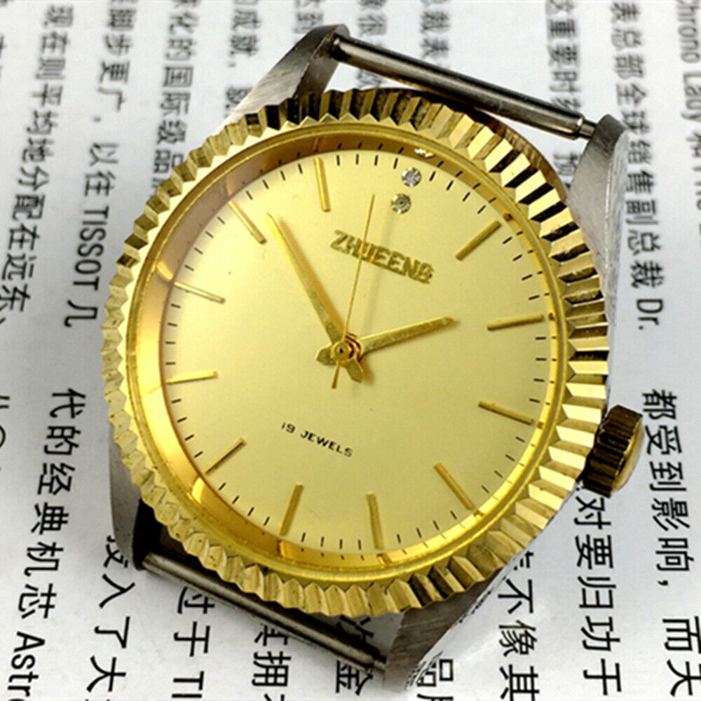 Round golden dial manual mechanical watch by Tianjin Factory, classic craftsmanship from China.