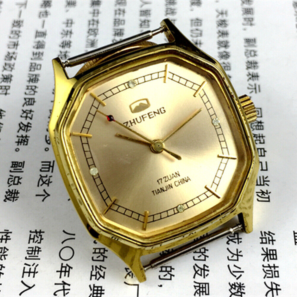 Octagonal golden dial manual mechanical watch by Tianjin Factory, classic style for elegant wristwear.
