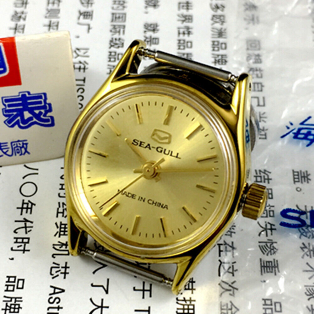 Golden dial Seagull ladies manual mechanical watch by Tianjin Factory, elegant for daily wear.