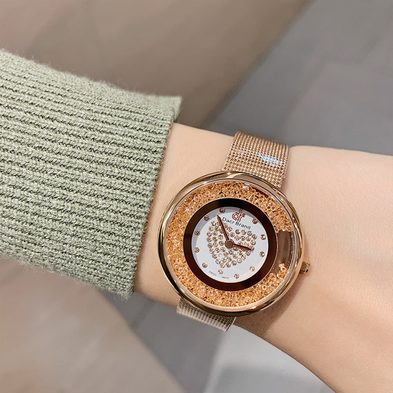 Women's Flowing-Sand Crystal Dial Mesh-Band Quartz Watch