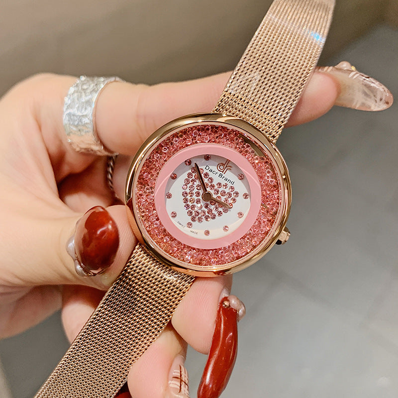 Women's Flowing-Sand Crystal Dial Mesh-Band Quartz Watch