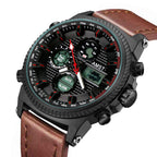 GESMART Men's Multifunction Sports LED Dual Display Digital Watch Water Resistant Genuine Leather Band