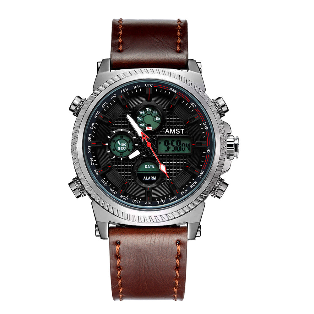 GESMART Men's Multifunction Sports LED Dual Display Digital Watch Water Resistant Genuine Leather Band