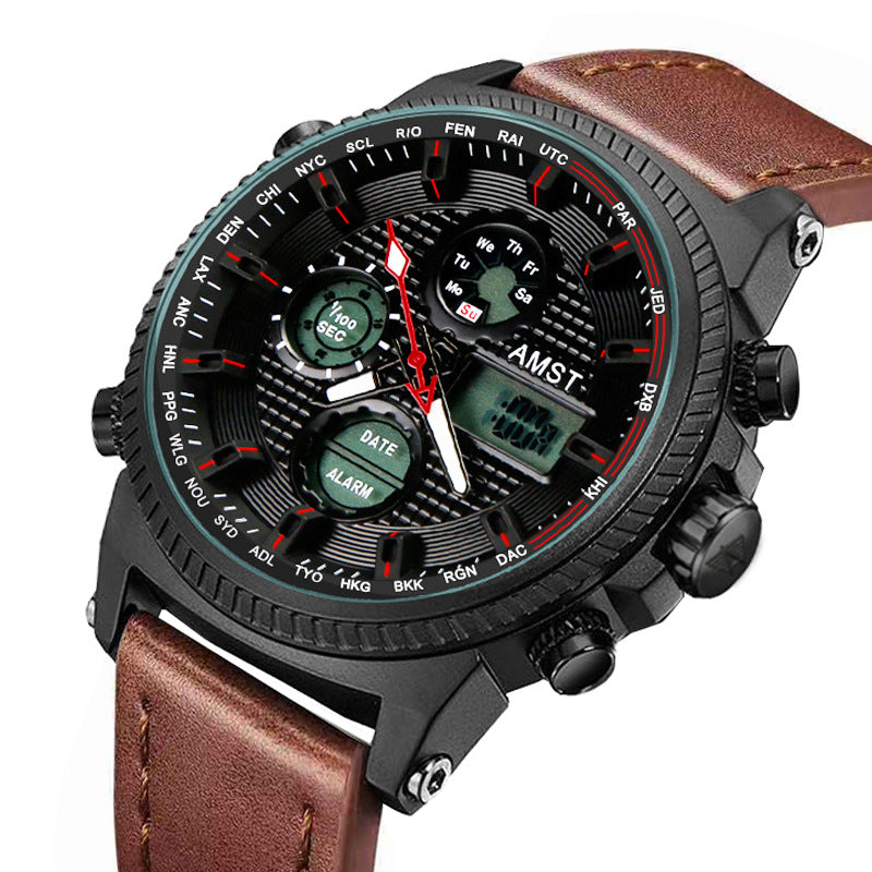 GESMART Men's Multifunction Sports LED Dual Display Digital Watch Water Resistant Genuine Leather Band