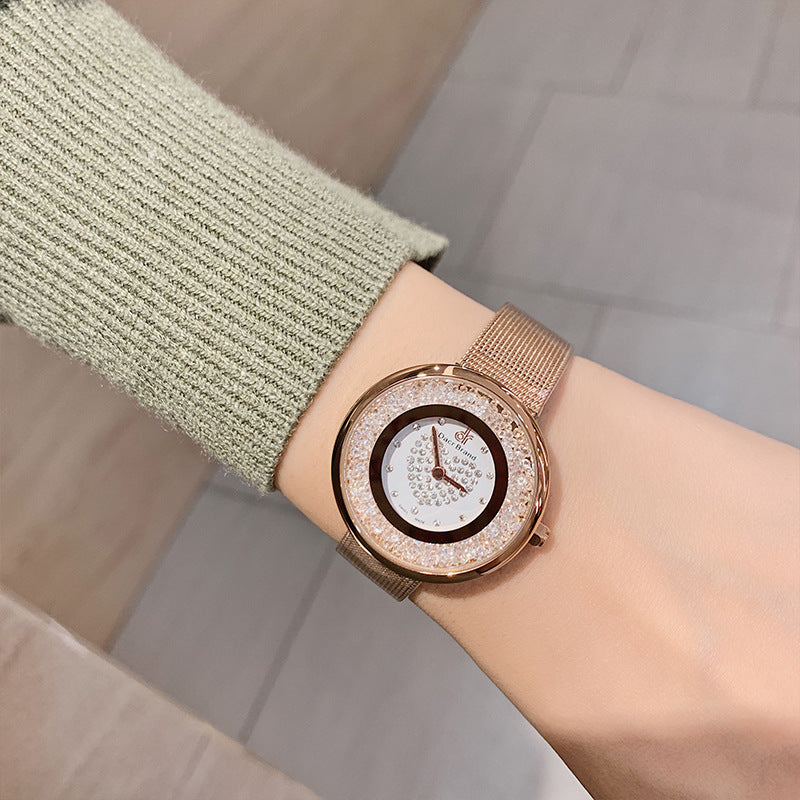 Women's Flowing-Sand Crystal Dial Mesh-Band Quartz Watch