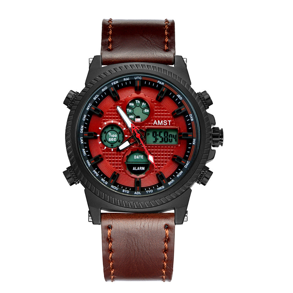 GESMART Men's Multifunction Sports LED Dual Display Digital Watch Water Resistant Genuine Leather Band