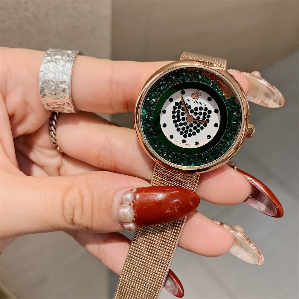Women's Flowing-Sand Crystal Dial Mesh-Band Quartz Watch
