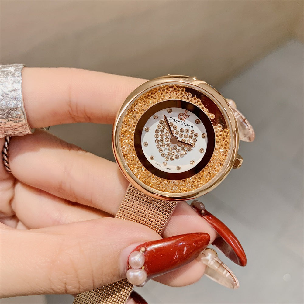 Women's Flowing-Sand Crystal Dial Mesh-Band Quartz Watch