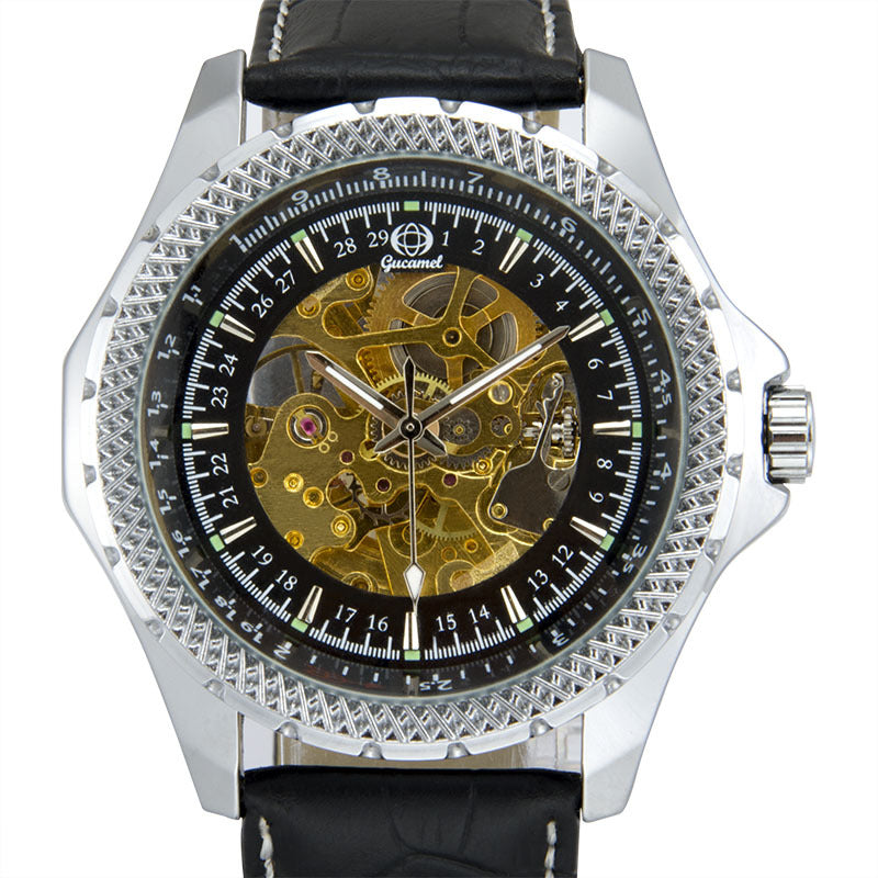 GESMART Men's Skeleton Automatic Mechanical Watch Steel Band Leather Band Fashion