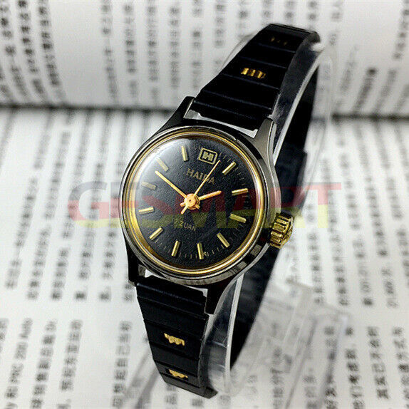 HAIDA 23mm elegant lady watch with black dial, golden hour markers, 17 jewels, manual mechanical movement.