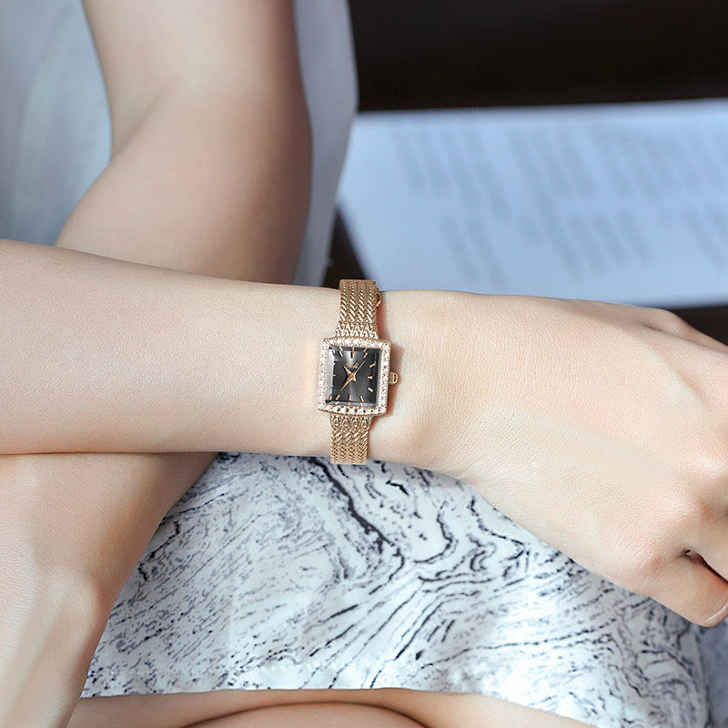 GESMART Women's New Small Square Quartz Watch Rhinestone Mesh Band Gold Tone Water Resistant