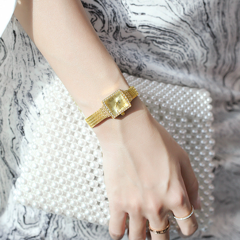 GESMART Women's New Small Square Quartz Watch Rhinestone Mesh Band Gold Tone Water Resistant