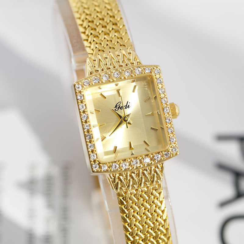 GESMART Women's New Small Square Quartz Watch Rhinestone Mesh Band Gold Tone Water Resistant