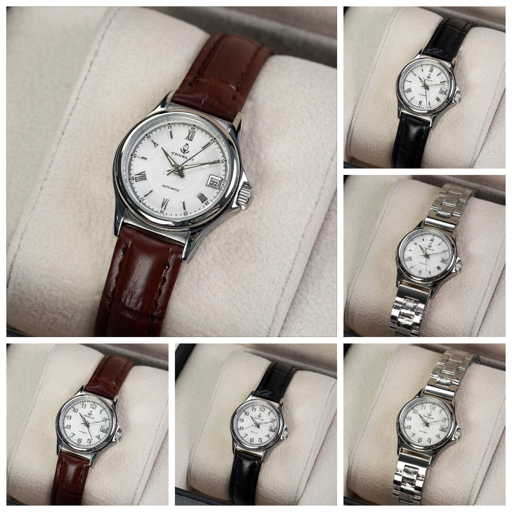 Chunlei Ladies Mechanical Watch Date Leather Strap Steel Minimalist Student