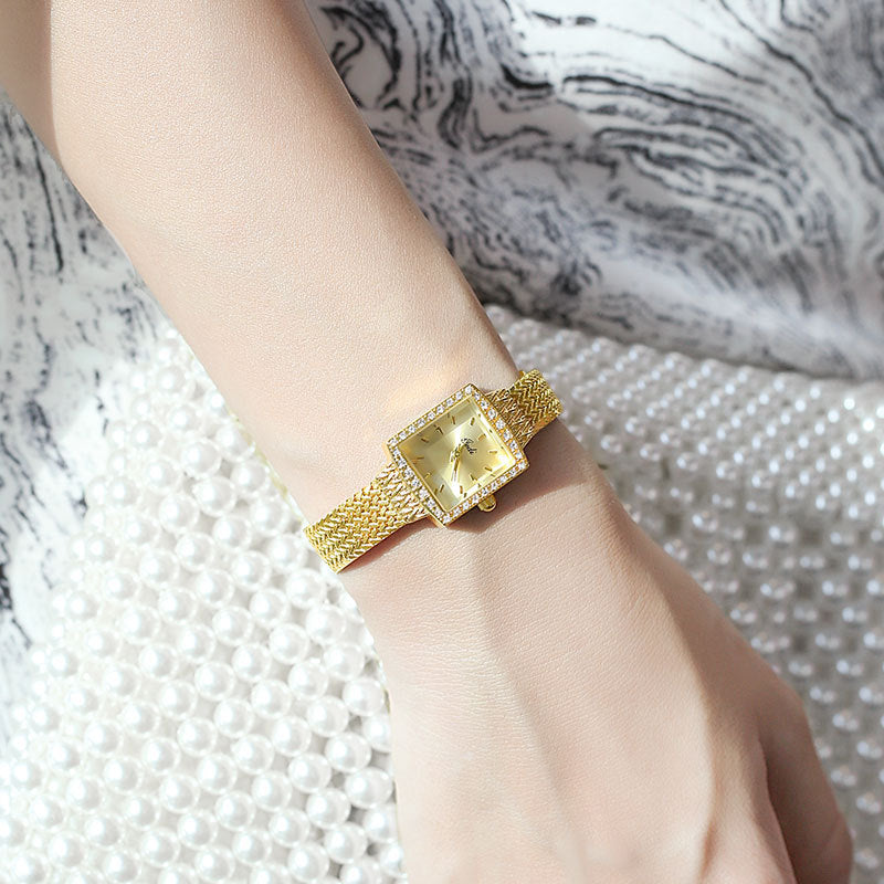 GESMART Women's New Small Square Quartz Watch Rhinestone Mesh Band Gold Tone Water Resistant