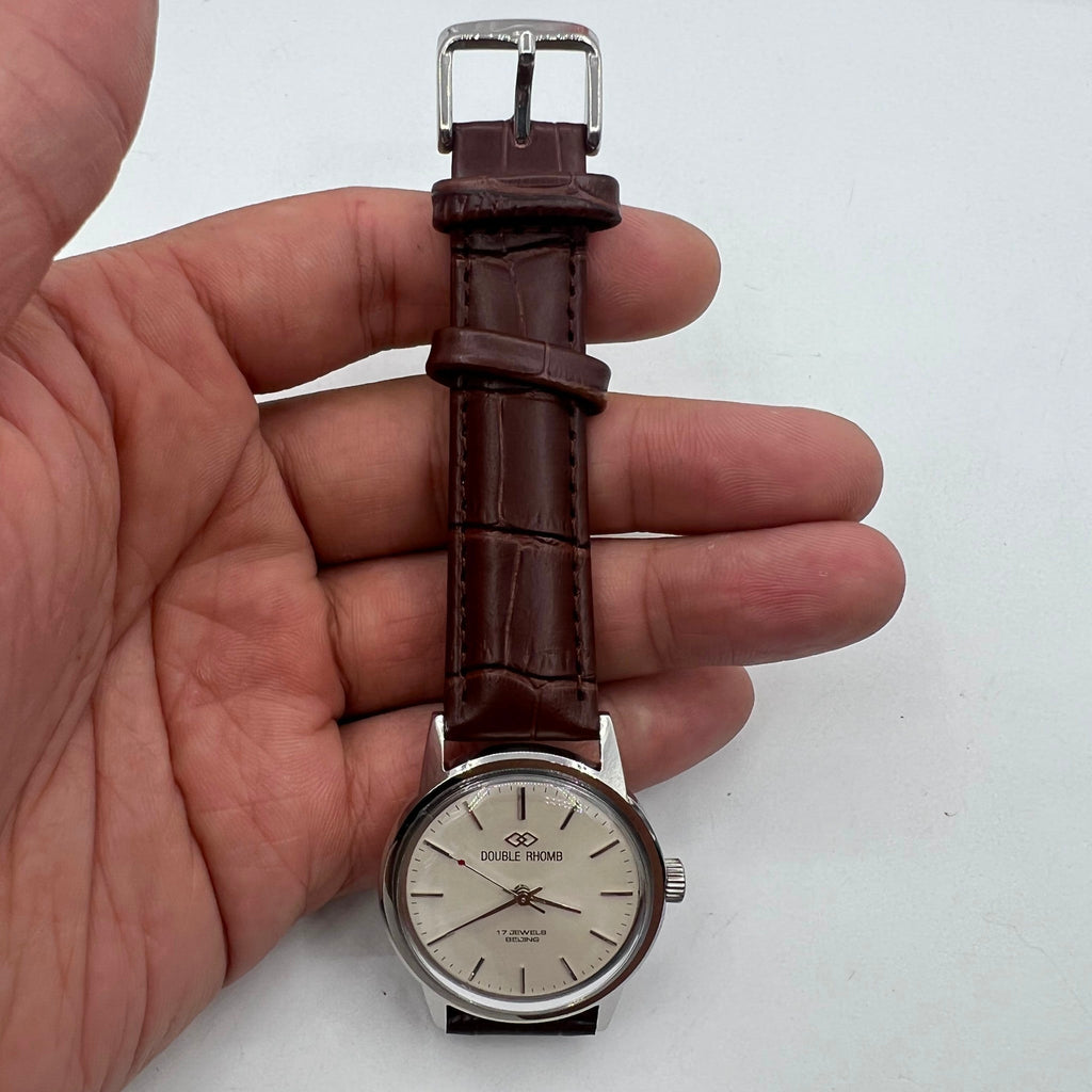 36mm Beijing Double Rhomb manual mechanical watch with silver case and silver hour markers, classic design.