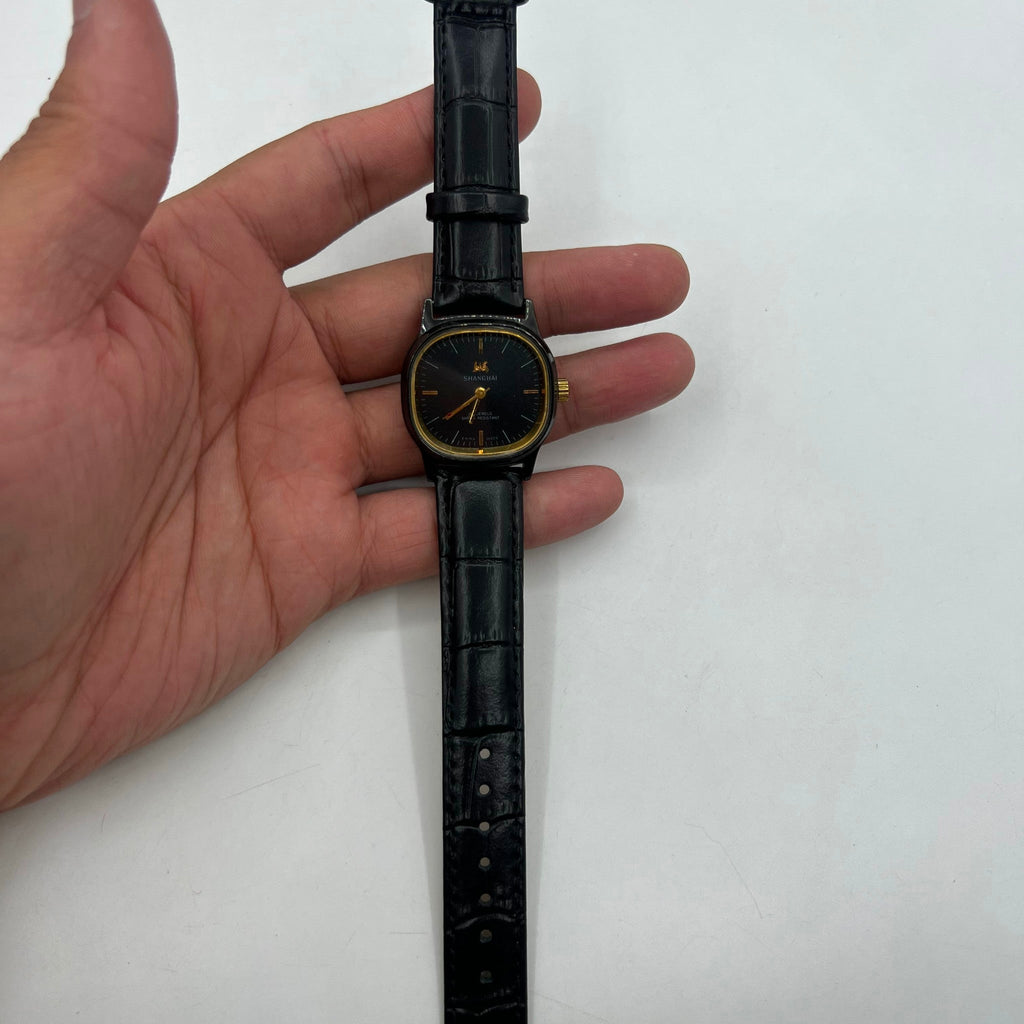 34mm Shanghai Factory manual mechanical watch with black dial, 19 jewels, shock-resistant design