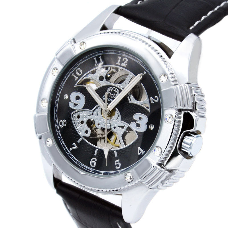GESMART Men's Skeleton Automatic Mechanical Watch Diamond Studded Leather Band Fashion