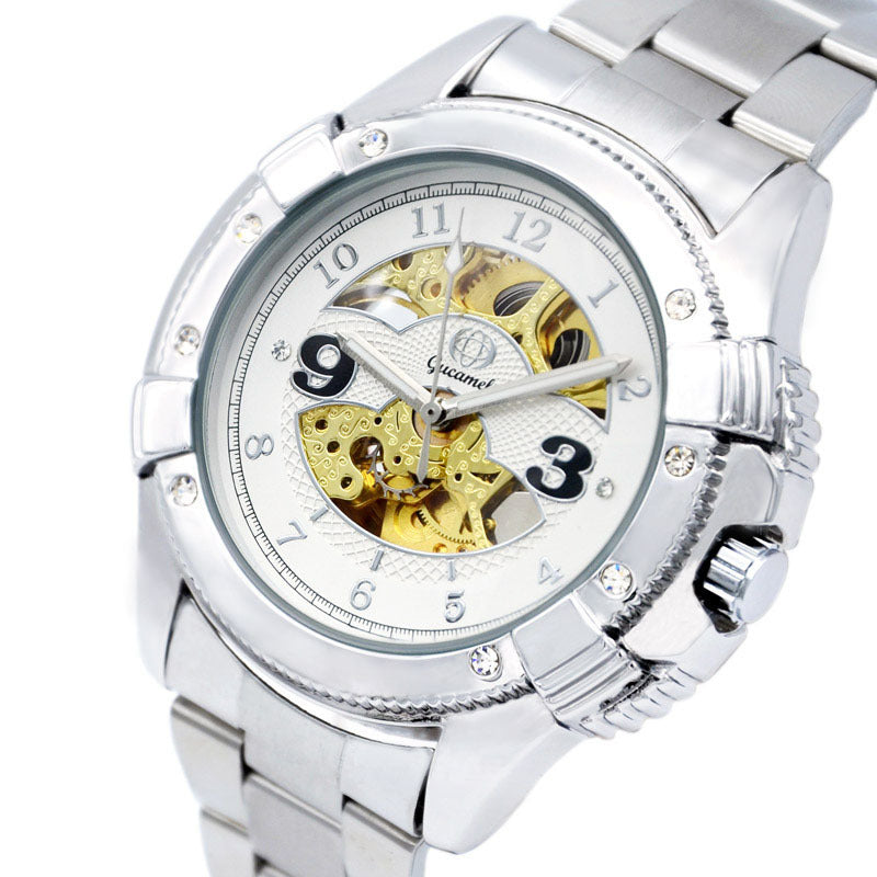 GESMART Men's Skeleton Automatic Mechanical Watch Diamond Studded Leather Band Fashion