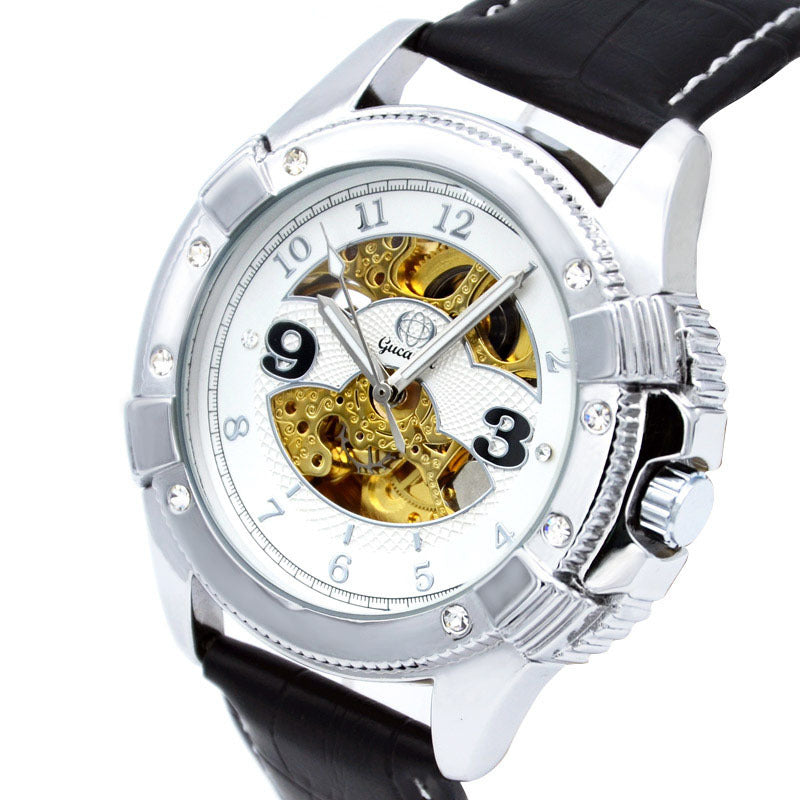 GESMART Men's Skeleton Automatic Mechanical Watch Diamond Studded Leather Band Fashion
