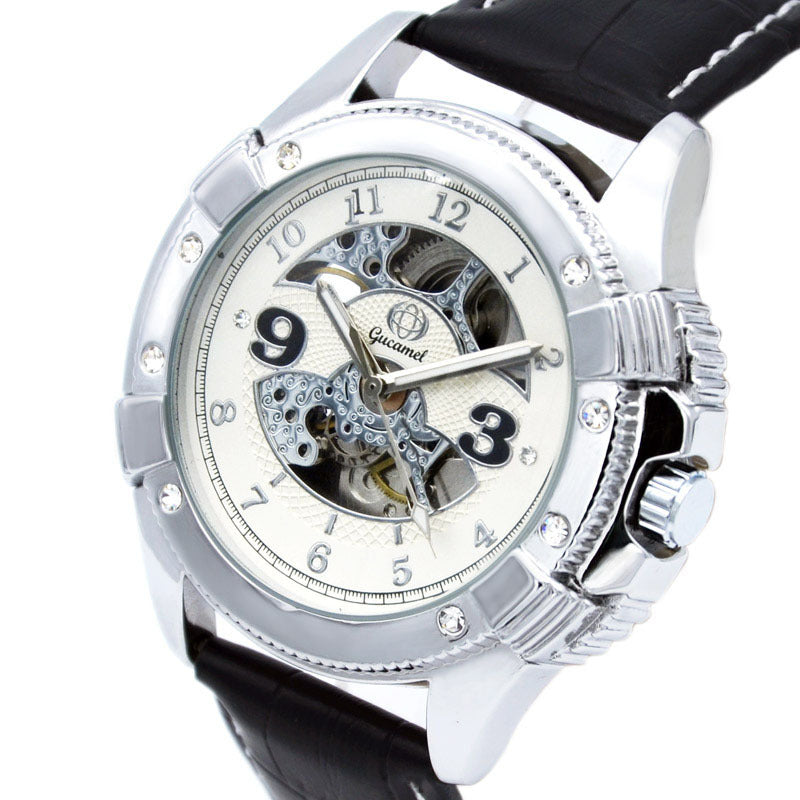 GESMART Men's Skeleton Automatic Mechanical Watch Diamond Studded Leather Band Fashion