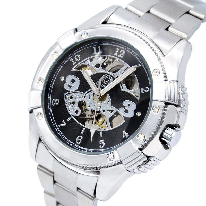 GESMART Men's Skeleton Automatic Mechanical Watch Diamond Studded Leather Band Fashion