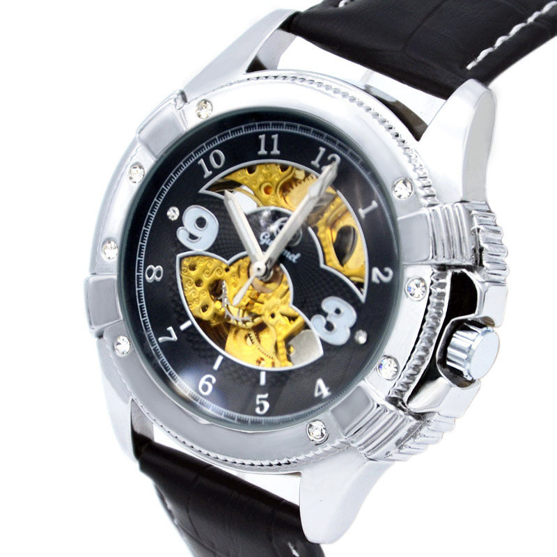 GESMART Men's Skeleton Automatic Mechanical Watch Diamond Studded Leather Band Fashion