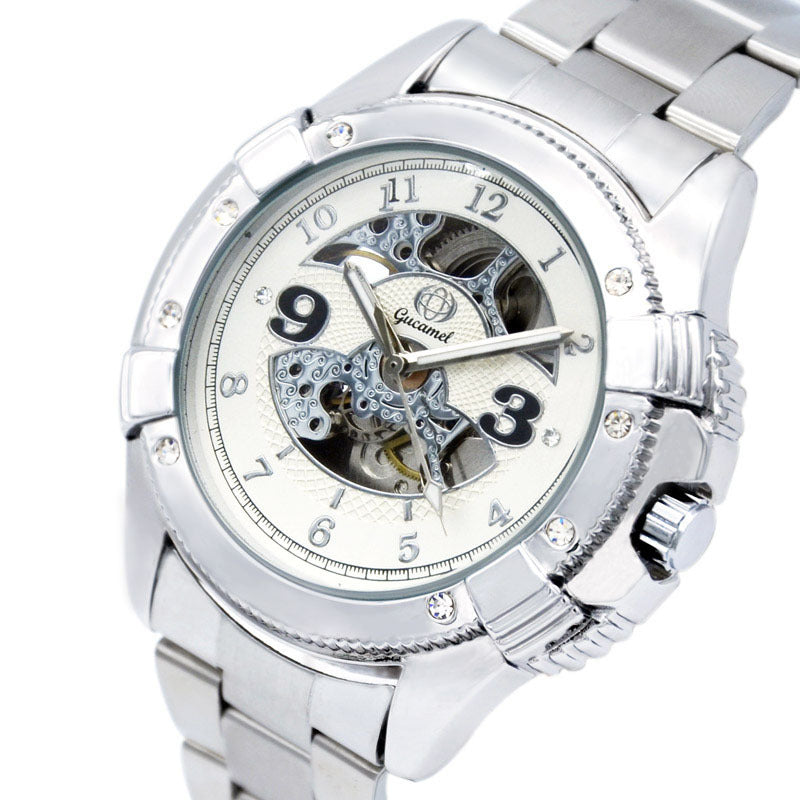 GESMART Men's Skeleton Automatic Mechanical Watch Diamond Studded Leather Band Fashion