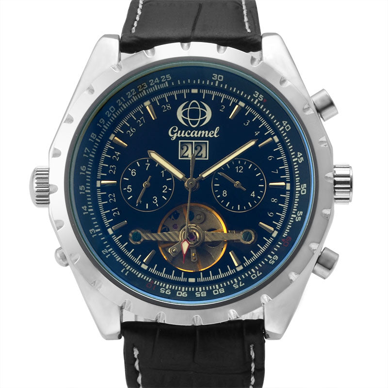 GESMART Men's Tourbillon Mechanical Watch Exhibition Case Back Luminous Leather Band Sports