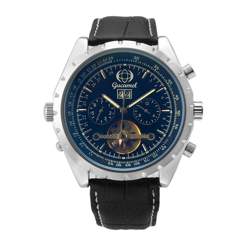 GESMART Men's Tourbillon Mechanical Watch Exhibition Case Back Luminous Leather Band Sports