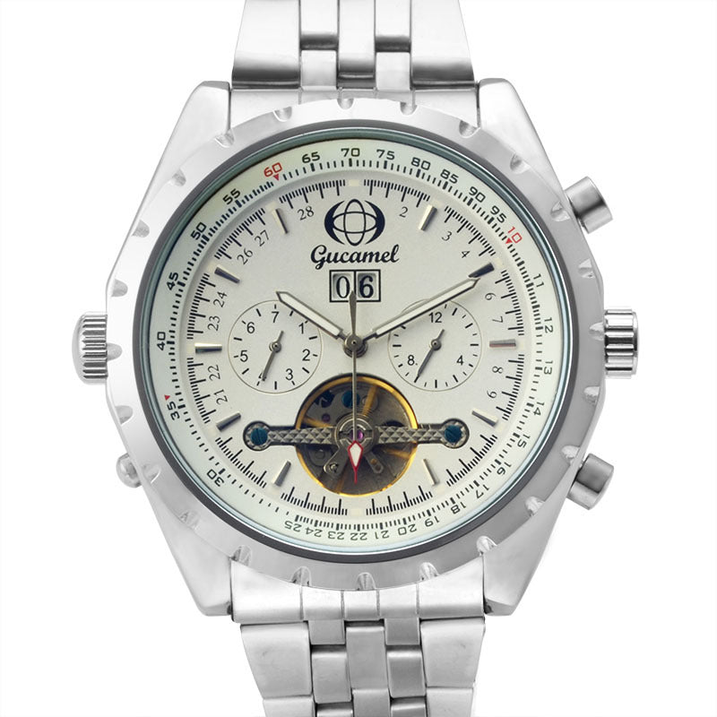GESMART Men's Tourbillon Mechanical Watch Exhibition Case Back Luminous Leather Band Sports
