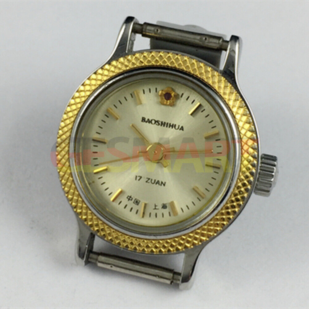 Shanghai Manual Lady Watch with golden nails, yellow dial, round case, 17 jewels, elegant design for stylish wear.