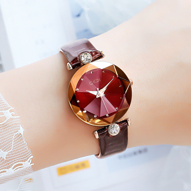 Women's Student Rhinestone Korean-Style Leather-Strap Quartz Watch