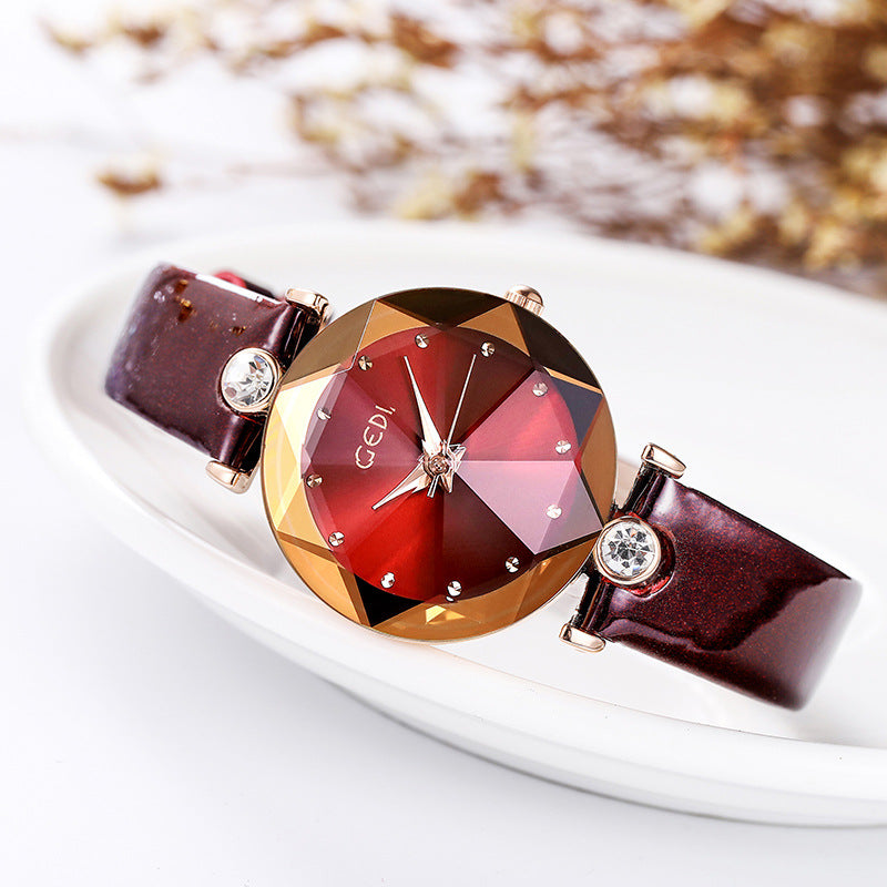 Women's Student Rhinestone Korean-Style Leather-Strap Quartz Watch